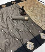 Dark grey soft silk saree with zari weaving & floral motifs