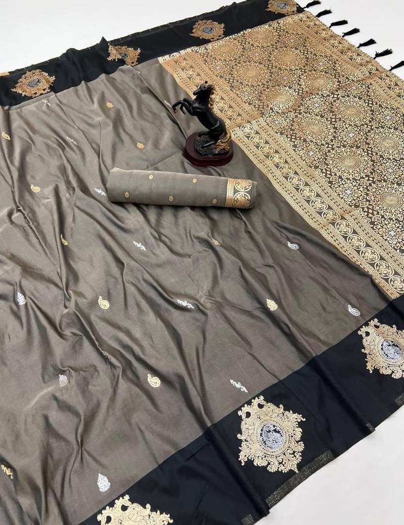 Dark grey soft silk saree with zari weaving & floral motifs