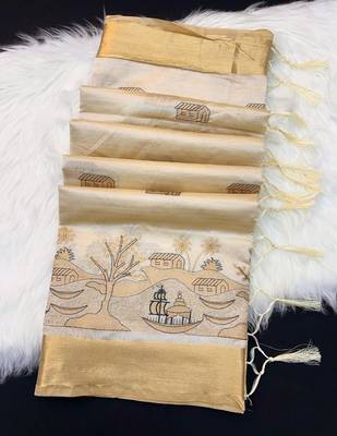 Cream tussar silk saree with kalamkari design & embroidery work 2