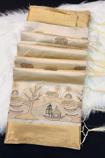 Cream tussar silk saree with kalamkari design & embroidery work