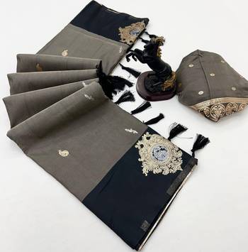 Dark grey soft silk saree with zari weaving & floral motifs 2