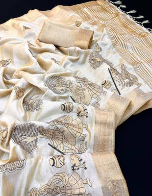 Cream tussar silk saree with kalamkari design & embroidery work 1