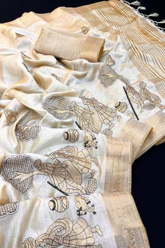 Cream tussar silk saree with kalamkari design & embroidery work