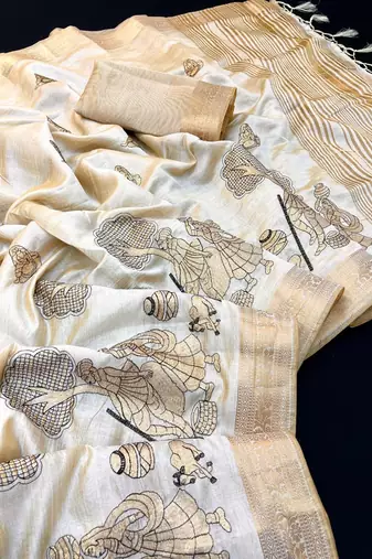 Cream tussar silk saree with kalamkari design & embroidery work