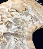 Cream tussar silk saree with kalamkari design & embroidery work