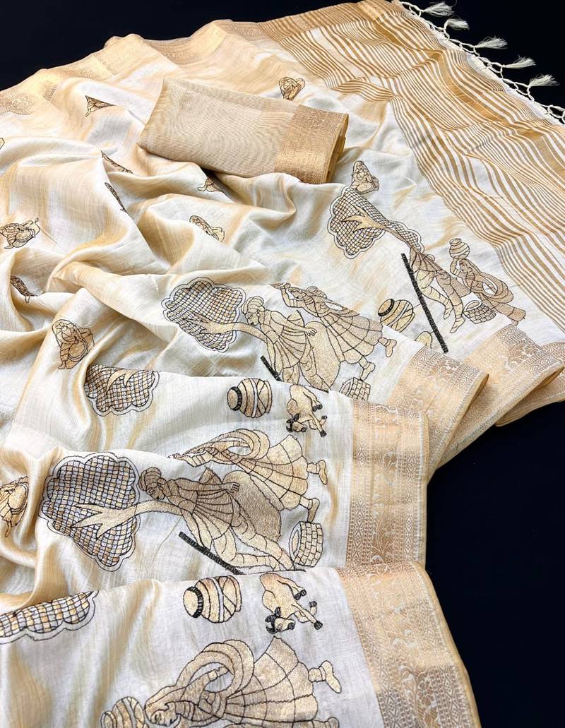 Cream tussar silk saree with kalamkari design & embroidery work