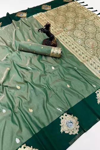 Green soft silk saree with zari weaving & floral motifs