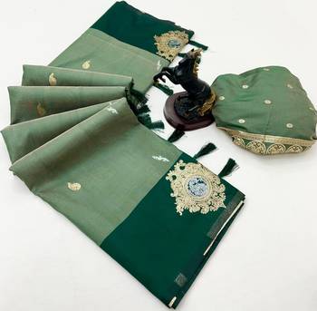 Green soft silk saree with zari weaving & floral motifs 2