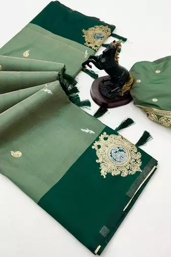 Green soft silk saree with zari weaving & floral motifs