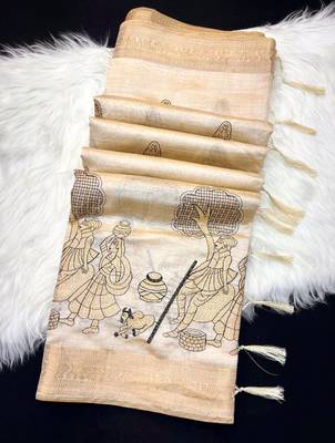 Cream tussar silk saree with kalamkari design & embroidery work 2