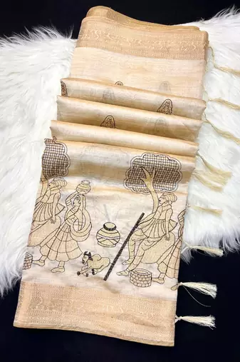 Cream tussar silk saree with kalamkari design & embroidery work