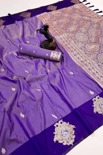 Purple soft silk saree with zari weaving & floral motifs