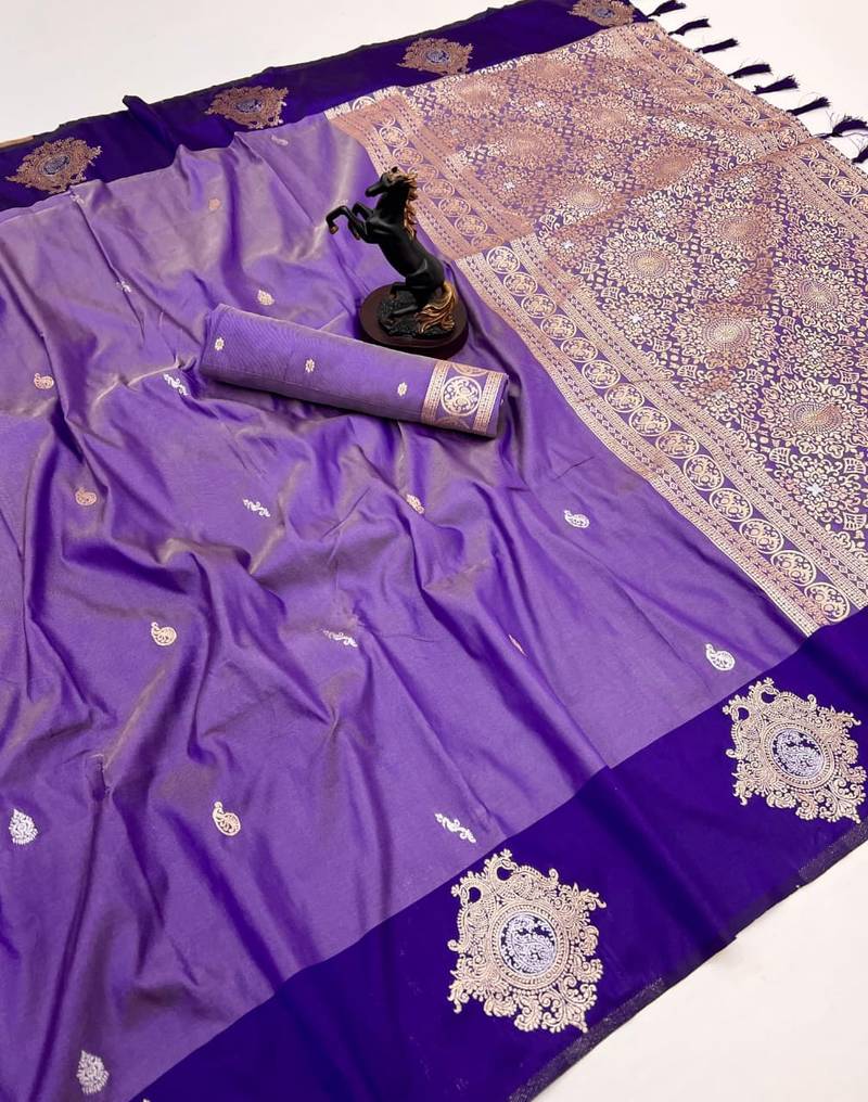 Purple soft silk saree with zari weaving & floral motifs