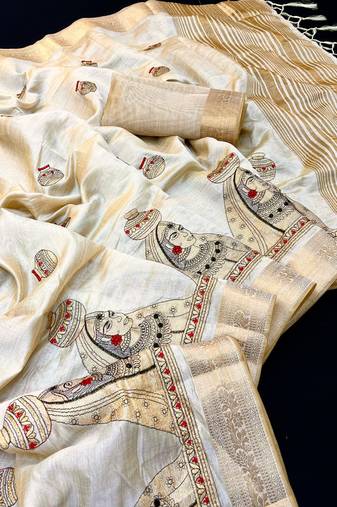 Cream tussar silk saree with kalamkari design & embroidery work