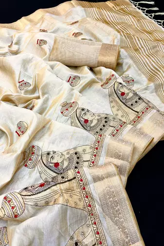 Cream tussar silk saree with kalamkari design & embroidery work