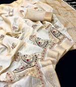 Cream tussar silk saree with kalamkari design & embroidery work