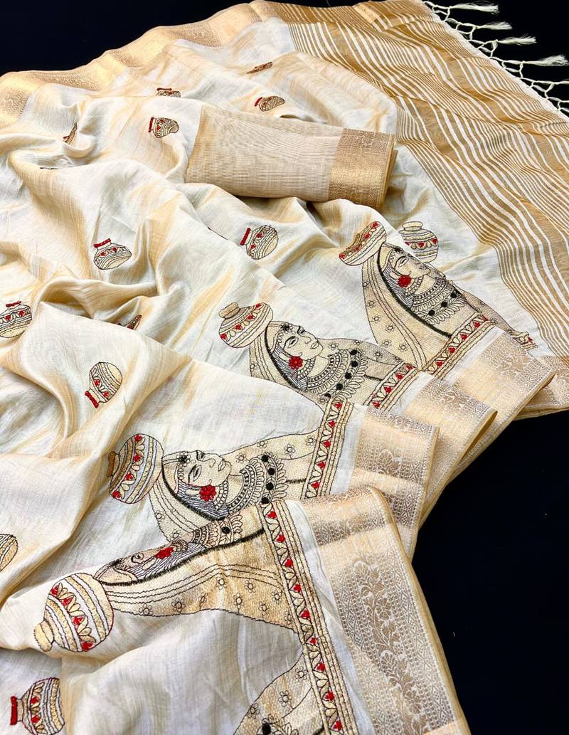 Cream tussar silk saree with kalamkari design & embroidery work