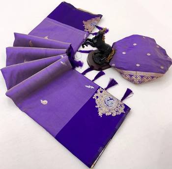 Purple soft silk saree with zari weaving & floral motifs 2