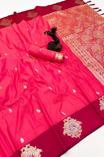 Pink soft silk saree with zari weaving & floral motifs