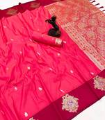Pink soft silk saree with zari weaving & floral motifs