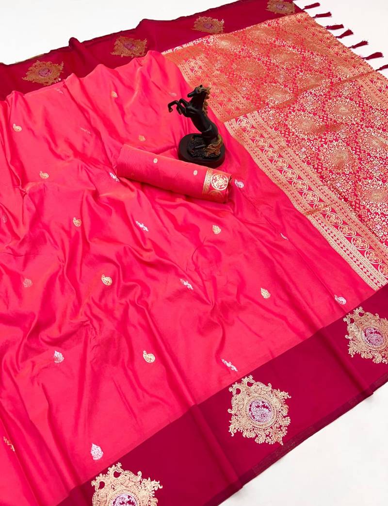 Pink soft silk saree with zari weaving & floral motifs