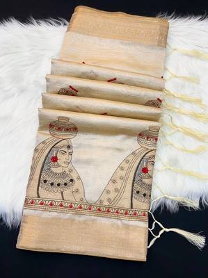 Cream tussar silk saree with kalamkari design & embroidery work 2