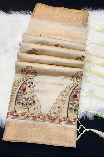 Cream tussar silk saree with kalamkari design & embroidery work