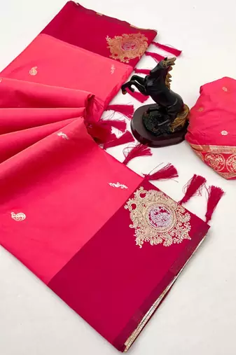 Pink soft silk saree with zari weaving & floral motifs