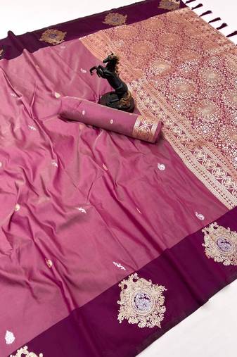 Wine soft silk saree with zari weaving & floral motifs