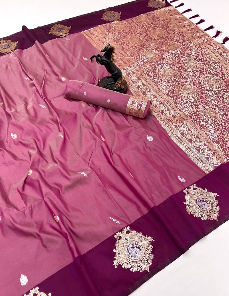 Wine soft silk saree with zari weaving & floral motifs