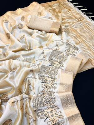 Cream tussar silk saree with kalamkari design & embroidery work 1