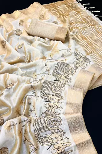 Cream tussar silk saree with kalamkari design & embroidery work