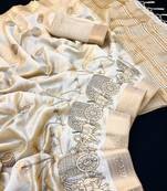 Cream tussar silk saree with kalamkari design & embroidery work