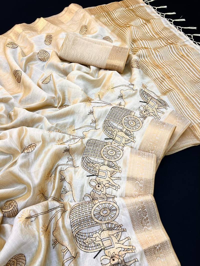 Cream tussar silk saree with kalamkari design & embroidery work