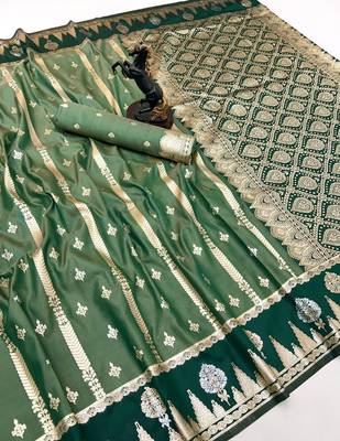 Green soft silk saree with zari weaving & striped motifs 1