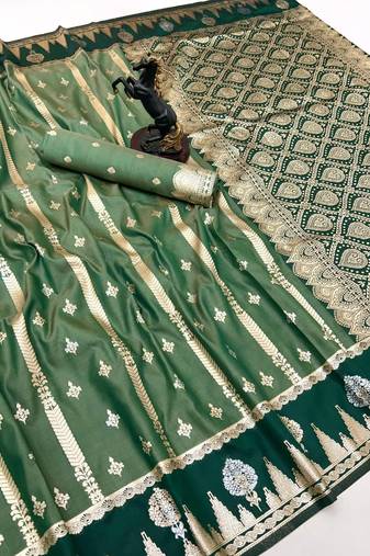 Green soft silk saree with zari weaving & striped motifs