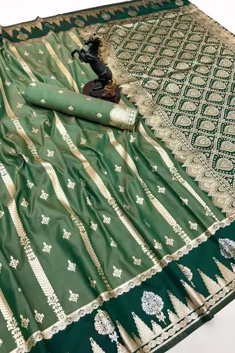 Green soft silk saree with zari weaving & striped motifs