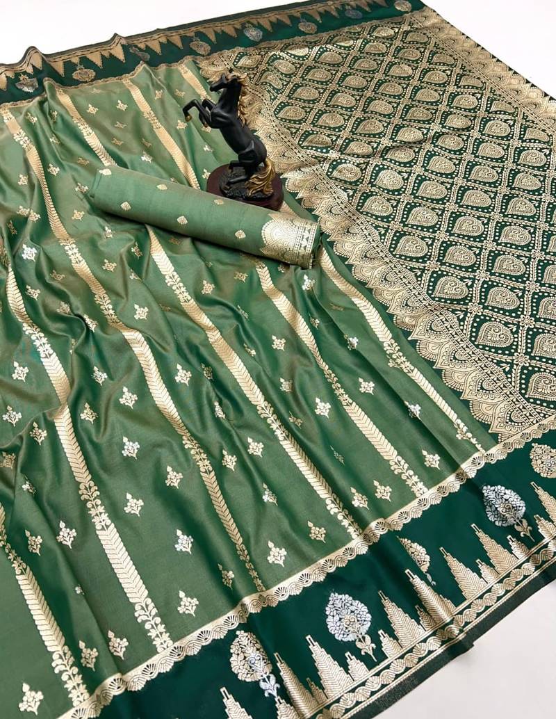 Green soft silk saree with zari weaving & striped motifs