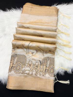 Cream tussar silk saree with kalamkari design & embroidery work 2