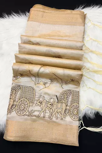 Cream tussar silk saree with kalamkari design & embroidery work