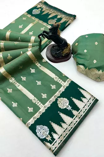 Green soft silk saree with zari weaving & striped motifs