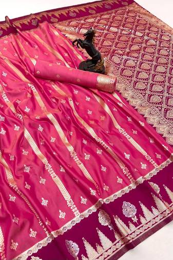 Pink soft silk saree with zari weaving & striped motifs