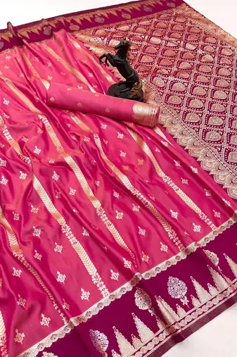 Pink soft silk saree with zari weaving & striped motifs