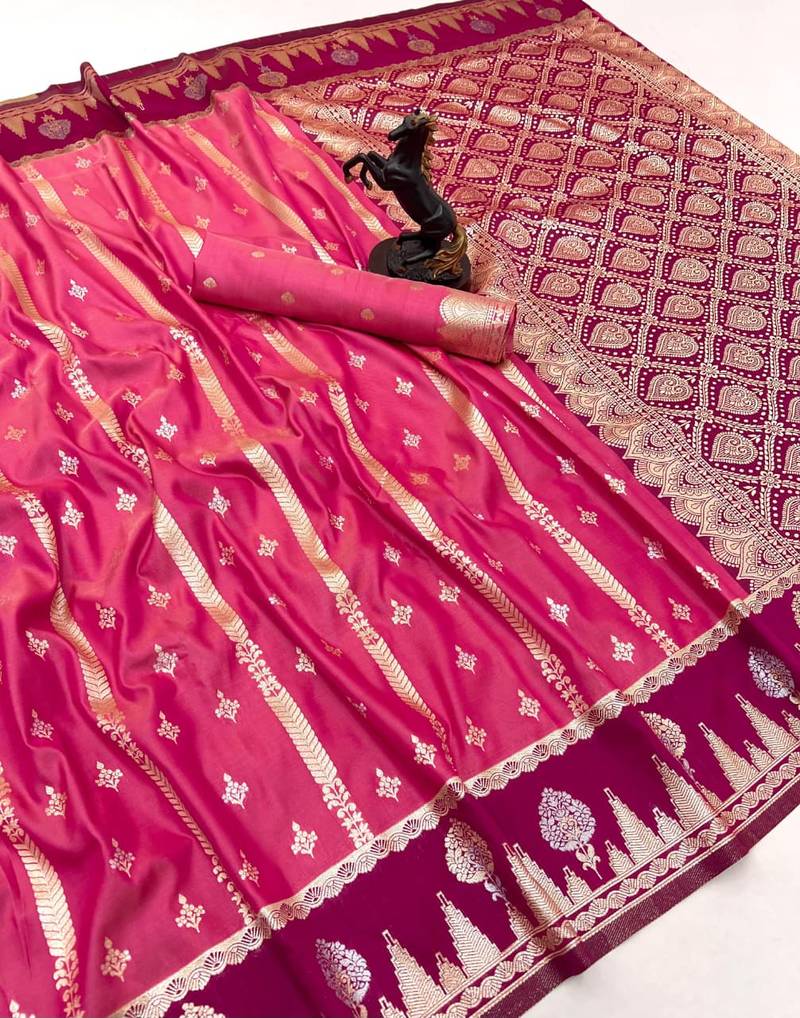 Pink soft silk saree with zari weaving & striped motifs