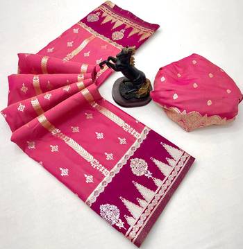 Pink soft silk saree with zari weaving & striped motifs 2