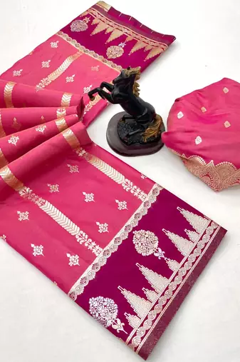 Pink soft silk saree with zari weaving & striped motifs