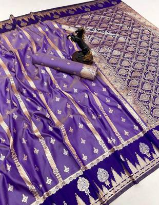 Purple soft silk saree with zari weaving & striped motifs 1