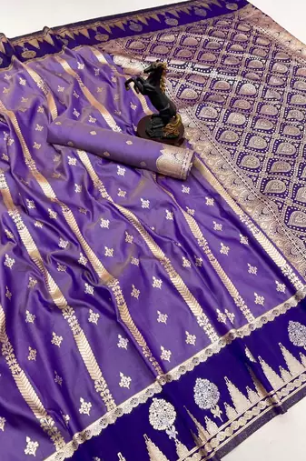 Purple soft silk saree with zari weaving & striped motifs