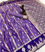 Purple soft silk saree with zari weaving & striped motifs