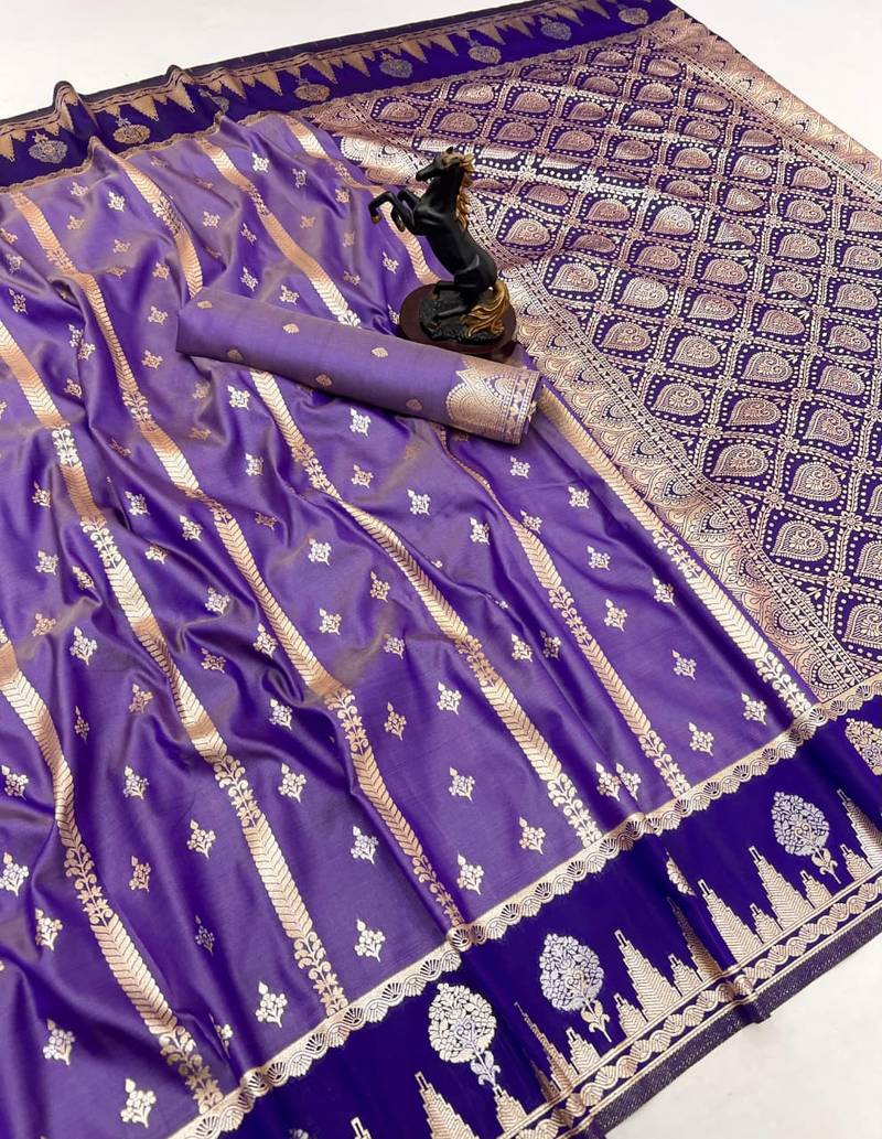 Purple soft silk saree with zari weaving & striped motifs